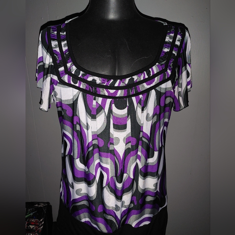 Forever Woman Purple and Black Patterned Blouse Size XL Preowned